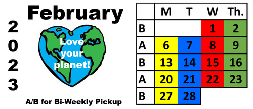 February 2023 recycling pickup color coded calendar Love Your Planet!