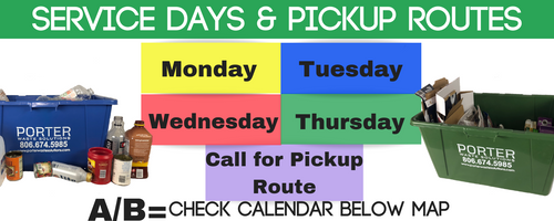 Recycling Service Days & Pickup Routes - Monday-Thursday Check Calendar for details.