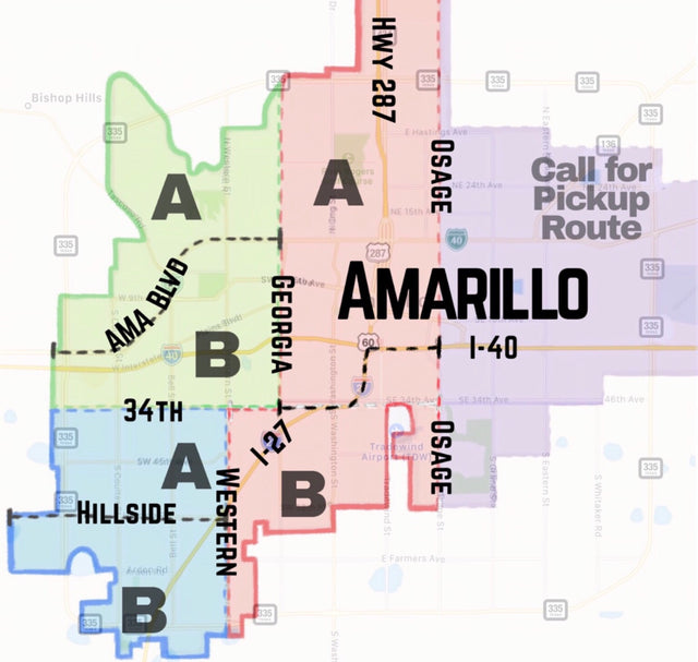 Porter Waste Solutions recycling service color coded map of Amarillo.