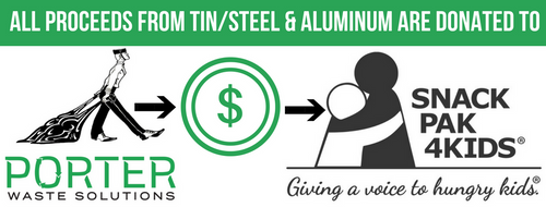All proceeds from tin/steel & aluminum are donated to Snack Pak 4Kids in Amarillo.